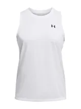 Musculosa deportiva Under Armour de color blanco, modelo Tech Tank Solid, confeccionada en tejido ultrasuave de secado rápido con logo impreso en el pecho.
