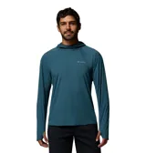 Buzo Columbia Stealth Spring LS color azul con capucha, de manga larga con orificios para los pulgares, confeccionado con tecnologías Omni-Shade y Omni-Wick para protección solar y absorción de humedad.