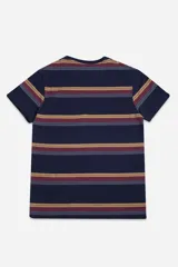 Remera de hombre de manga corta con cuello redondo y ajuste regular. Presenta un diseño a rayas horizontales en tonos tostado, azul marino y blanco, con el logo de la marca bordado en el pecho.