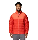 Campera acolchada Columbia modelo Powder Lite II, color rojo con diseño degradado. Cuenta con tecnología Omni-Heat para retención de calor, aislamiento sintético Thermarator, tejido resistente al agua Omni-Shield, cierre frontal completo, cuello alto con protector de barbilla, puños elásticos y bolsillos laterales con cierre.