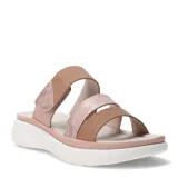 Sandalias de plataforma con diseño de tres tiras, combinando texturas lisas y con relieve en tonos beige y rosado. Cuenta con cierre de velcro ajustable y suela ergonómica blanca.