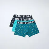 Pack de tres calzoncillos tipo bóxer con cintura elástica negra con inscripción en contraste. Incluye un bóxer azul marino con estampado de rodajas de kiwi, un bóxer liso en color turquesa y un bóxer verde verdoso con estampado de bananas.