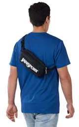 Riñonera JanSport Washington Waistpack, color azul con detalles en rojo y negro. Logo de la marca estampado en el frente.