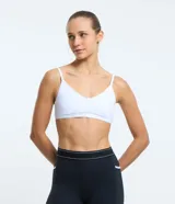 Top deportivo blanco, tipo bralette, con escote en V y tirantes finos ajustables.