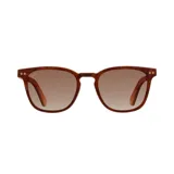 Lentes de sol con montura cuadrada color marrón con efecto madera y lentes degradadas color marrón.