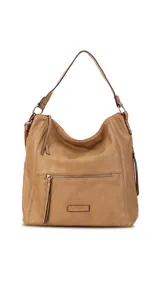 Cartera de hombro tipo hobo en color negro, confeccionada en material símil cuero con textura granulada. Presenta un diseño funcional con cierre principal, bolsillo frontal con cierre y detalles de tachas metálicas, además de una correa de hombro fija y una correa larga ajustable y extraíble.