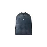 Mochila Montblanc de cuero color azul marino, con diseño texturizado geométrico, múltiples compartimentos con cierre y detalle del emblema de la marca en el frente.