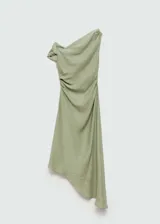 Vestido midi color verde oliva, con escote off-shoulder y falda con corte al bies.