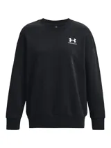 Buzo negro de mujer Under Armour Essential Fleece, de corte holgado, con cuello redondo y logo estampado en el pecho.