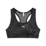 Top deportivo Puma modelo 4Keeps con diseño de espalda nadadora, confeccionado en tejido elástico con estampado animal print en tonos grises y negros. Presenta el logo de la marca estampado en el frente.