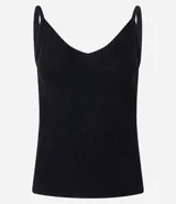 Musculosa de punto canelado en color negro con hilo metalizado, escote en V y breteles finos.
