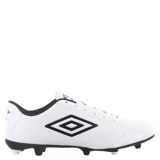 Championes de fútbol Umbro Classico II HG, color blanco con detalles en naranja, con cordones y suela con tapones.