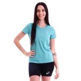 Remera deportiva Asics para mujer, color turquesa, de manga corta y cuello redondo. Confeccionada en tejido transpirable, ideal para running y entrenamiento.