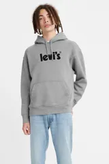 Buzo con capucha Levi's de corte holgado, color gris jaspeado, con el logo de la marca estampado en negro en el frente y bolsillo tipo canguro.