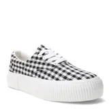 Championes de lona con estampado de cuadros vichy en blanco y negro, con suela de plataforma blanca acanalada y cordones blancos.