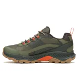 Championes de senderismo Merrell modelo Speed Strike 2 Waterproof, color verde oliva con detalles en naranja y suela marrón. Presentan una construcción impermeable con parte superior de malla y cuero sintético, entresuela de espuma EVA para mayor estabilidad y suela de goma con tracción duradera.