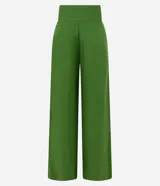 Pantalón pantalona confeccionado en viscosa con lino, color verde, de cintura ancha con botones laterales y corte amplio.