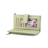 Billetera Lincoln's de mujer en color negro, confeccionada en símil cuero con textura granulada. Presenta un diseño rectangular con cierre de broche, bolsillo frontal con cierre metálico, correa de mano extraíble y logo de la marca grabado en el frente.