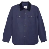 Campera azul con cuello de pana marrón, cierre frontal con botones a presión, dos bolsillos de parche en el pecho y puños abotonados.