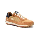 Championes Caterpillar modelo Trigen Mesh, color marrón con detalles en azul marino y beige, confeccionados en ante y malla, con cordones blancos, entresuela de EVA ligera y suela dentada de goma.