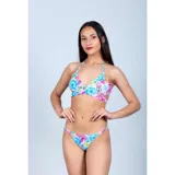 Bikini de dos piezas con estampado floral multicolor. El top es de estilo triángulo con diseño cruzado en la parte inferior y tiras ajustables al cuello. La parte inferior es de corte tanga.