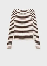 Jersey de punto fino con rayas horizontales marrones y blancas, cuello redondo y manga larga.