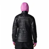 Campera acolchada de mujer Mountain Hardwear, color negro, con cierre frontal, cuello alto, bolsillo en el pecho y puños elásticos con detalle en color lila.