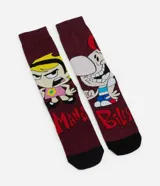 Medias de caña alta color borgoña con talón y puntera negros. Presentan estampados de los personajes Billy y Mandy de la serie de Cartoon Network.