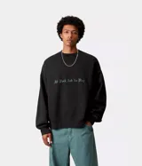 Sudadera negra de corte holgado con texto estampado en el pecho en tipografía gótica de color turquesa/verde azulado que dice "All Work And No Play".