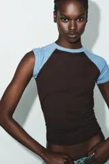 Camiseta de manga corta estilo raglán, con cuerpo principal marrón oscuro y mangas cortas en color celeste claro. Presenta cuello redondo con costuras a contraste.