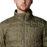 Campera puffer Columbia modelo Delta Ridge II Down Heat Seal, color verde militar, con cuello alto, cierre frontal completo y bolsillos laterales con cierre. Presenta diseño acolchado sin costuras con patrón termosellado.