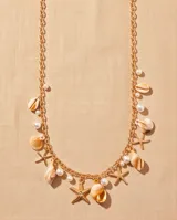 Cinto de cadena dorada de estilo bohemio, decorado con dijes colgantes en forma de estrella de mar, caracoles y perlas sintéticas.