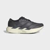 Championes de running Adidas Adizero Evo SL, color gris oscuro con entresuela de espuma Lightstrike Pro en tono crema y las características tres tiras de la marca en un tono gris más claro.