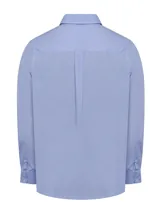 Camisa de manga larga RKF confeccionada en popelina de algodón, con diseño de cuadros finos en tono azul. Presenta cuello italiano, cierre frontal con botones y bolsillo en el pecho con el logo de la marca bordado.