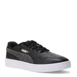 Championes Puma modelo Court Lally Feline, color negro con suela blanca y franja lateral con estampado animal print.