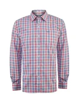 Camisa de manga larga RKF modelo Lighter, confeccionada en popelina de algodón orgánico con diseño de cuadros en tonos rojos, azules y blancos. Presenta cuello camisero, cierre frontal con botones, un bolsillo en el pecho con el logo de la marca bordado y calce modern fit.
