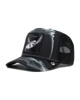 Gorra tipo trucker Goorin Bros modelo Reefer Madness, color negro con estampa de humo blanco y gris, y parche frontal con diseño bordado de tortuga. Cuenta con visera curva y panel trasero de malla.