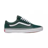 Championes Vans Old Skool de lona y gamuza color verde oscuro, con la característica banda lateral Sidestripe en blanco, cordones blancos y suela de goma vulcanizada.