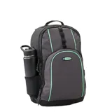 Mochila Rip Curl Trippin de 20 litros, color gris con detalles en verde menta y negro. Cuenta con múltiples compartimentos, bolsillos laterales de red y asa superior.