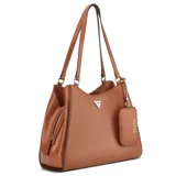 Cartera Guess modelo Elsa de color marrón, elaborada en poliuretano con diseño estructurado, doble asa superior y herrajes plateados. Incluye un pequeño monedero colgante con cierre y logo impreso, además del emblema triangular de la marca en el frente.