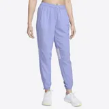 Pantalón Nike Air Dri-FIT de running para mujer, de color lila con detalles en blanco en las pantorrillas y cintura elástica con cordón ajustable.