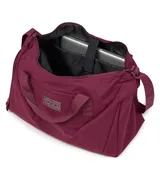 Bolso deportivo tipo duffel de la marca Jansport, color bordó, con compartimento principal con cierre, asas de mano y correa ajustable para el hombro.