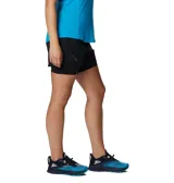 Short deportivo negro de mujer, marca Columbia, modelo Endless Trail. Diseño de doble capa con calza interior de compresión y short exterior holgado. Cuenta con cintura elástica ajustable, bolsillos laterales de malla y detalles reflectantes.