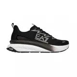 Championes deportivos EA7 Emporio Armani modelo Sonic, color negro con detalles en blanco y gris. Presentan diseño de malla técnica, logo de la marca en el lateral y en la parte trasera de la suela, y entresuela blanca con relieve.