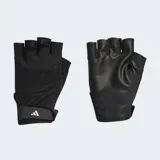 Guantes de training sin dedos color negro, con palma antideslizante y cierre autoadherente en la muñeca con logo Adidas.