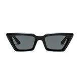 Lentes de sol negros con forma geométrica y lentes grises.