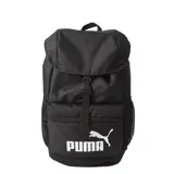 Mochila Puma Phase Hooded color negro, con cierre de solapa superior y hebilla ajustable. Presenta logo de la marca estampado en blanco en la parte inferior, bolsillos laterales de malla y compartimento frontal con cierre.