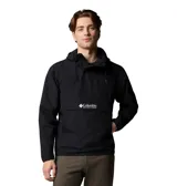 Campera cortaviento Columbia modelo Challenger Windbreak Omni-Shield, color negro con el texto "PACKABLE" impreso en blanco. Es resistente a la lluvia y manchas, cuenta con media cremallera central, capucha ajustable y bolsillo canguro.