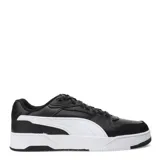 Championes Puma Rebound Break de estilo urbano inspirado en el básquet retro. Presentan una capellada de material sintético en color negro con la icónica franja lateral de Puma en blanco y una suela de goma blanca con detalles en negro.