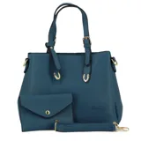 Cartera azul con doble asa corta, correa larga desmontable y monedero a juego.